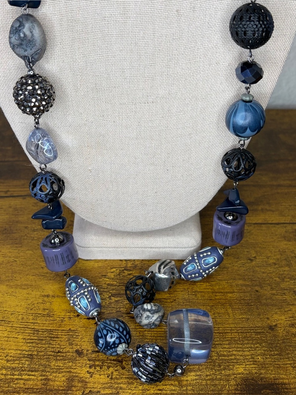 Blue & Gray Artisan Beaded Statement Necklace with Mixed Media Beads